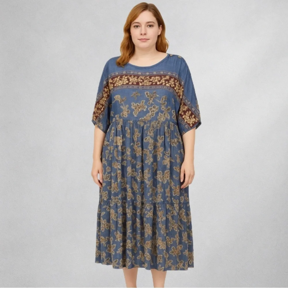Vintage Carole Little Dress 20 Boho Floral Mid Dress Rayon Blue 11/4 - Picture 1 of 6